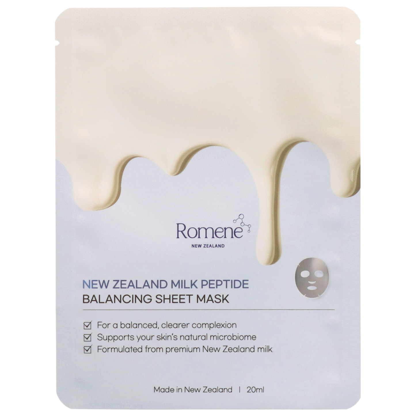 Romene New Zealand Milk Peptide Balancing Sheet Mask packaging on a white background