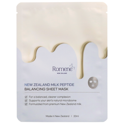 Romene New Zealand Milk Peptide Balancing Sheet Mask packaging on a white background
